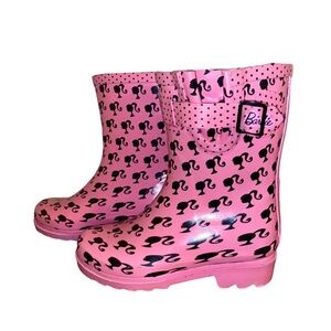 Barbie Girls Pink Rain Boots Size S 9/10 Black Silhouette Print Waterproof